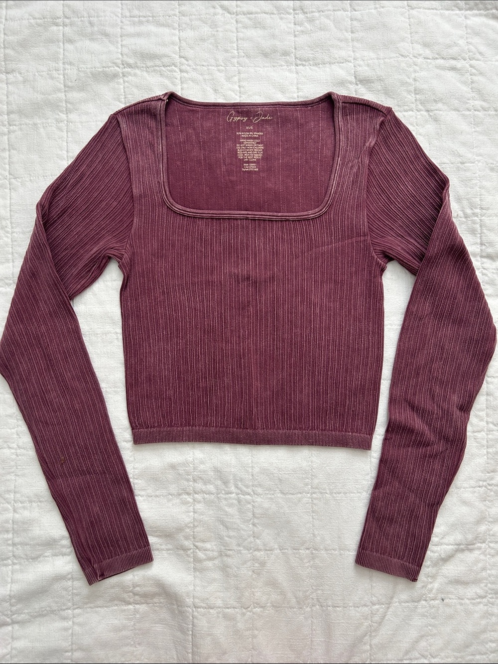 Square Neck Ribbed Long Sleeve Top - Plum